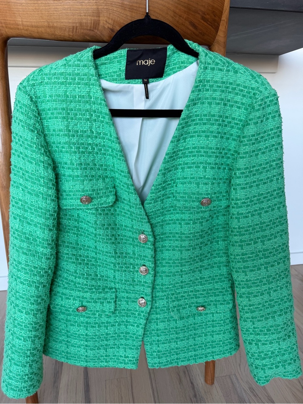 Maje Kelly Green Tweed Bouclé Blazer with Silver Buttons